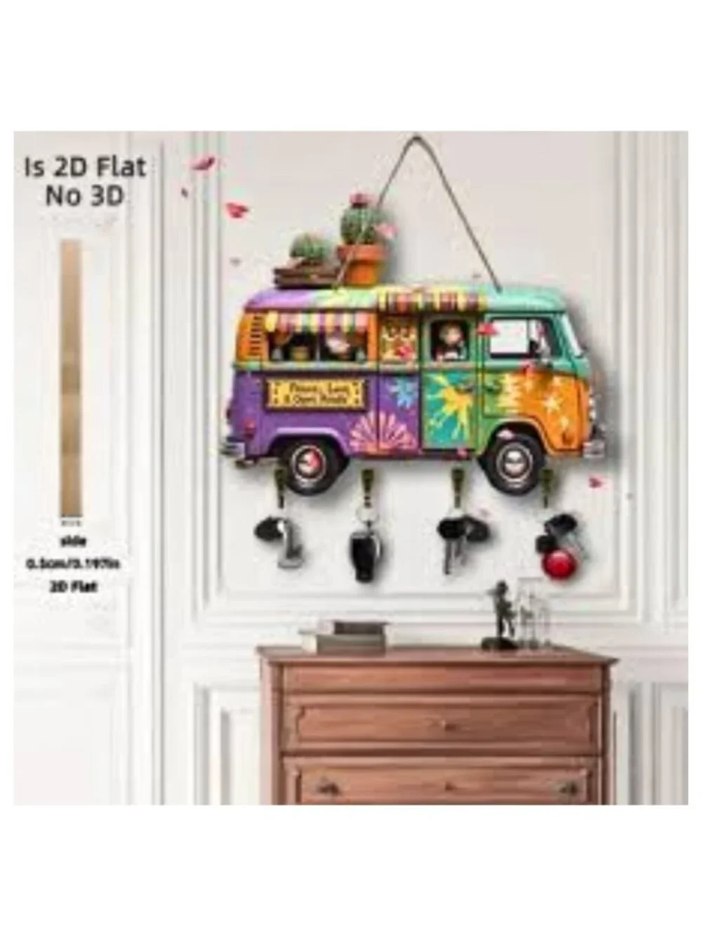 Colorful Bus Cactus Peace Love Wooden Key Holder 2D Flat Wall Hanging Organizer